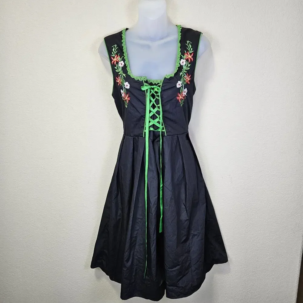 Scarlet Darkness Dirndl Dress XL Costume Bavarian Oktoberfest German Black Green - Picture 2 of 16